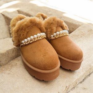 BAMBOO Tan Fur-Lined Ankle Booties with Pearl Accents